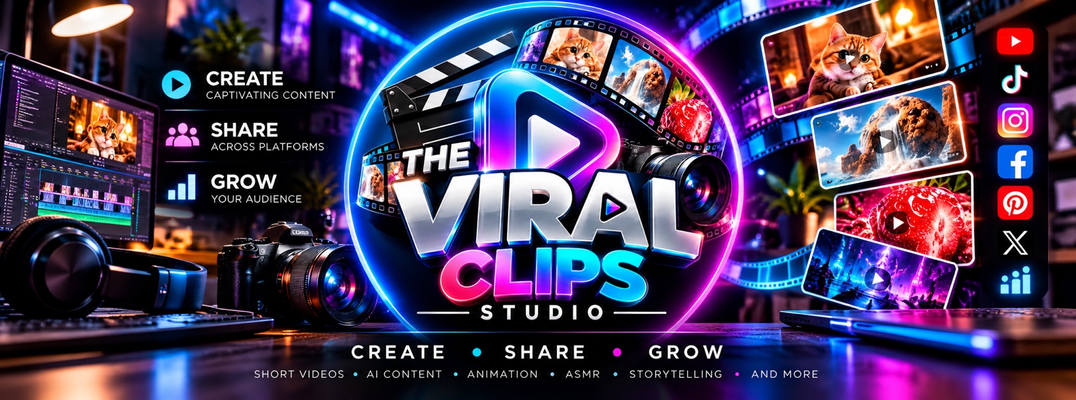 The Viral Clips Studio original neon video creation banner — Create, Share, Grow